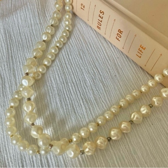 Baroque Pearl Two Strand Necklace Vintage “Tamar”  25” Statement Gold Silver - Picture 5 of 12